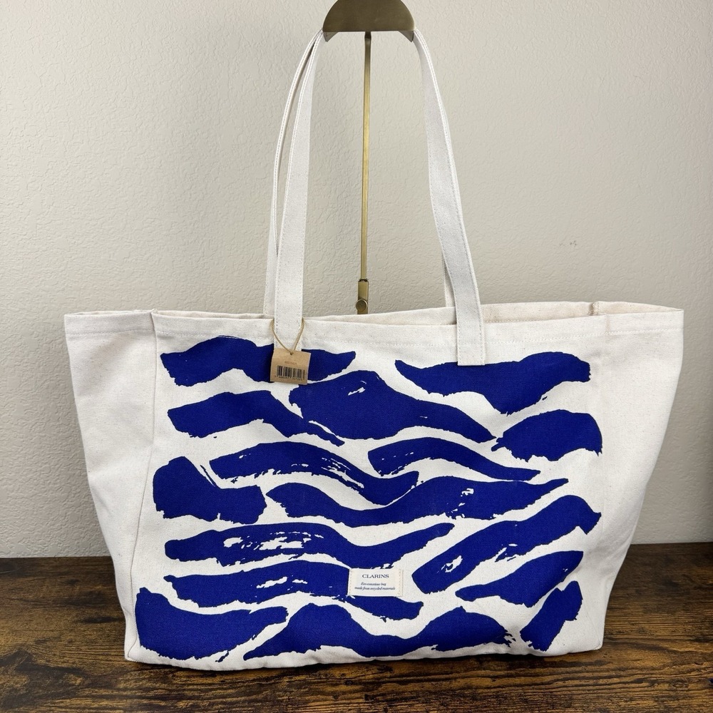 Clarins Canvas Tote Bag Blue Zebra Print Eco‎ Recycled Materials NWT Shopper